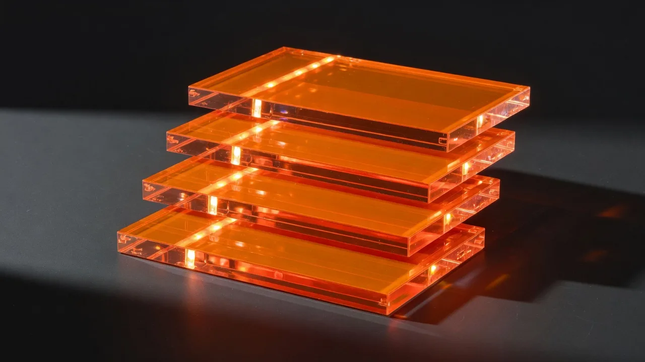 Four stacked orange acrylic slabs lit from within, standing on a dark studio floor.